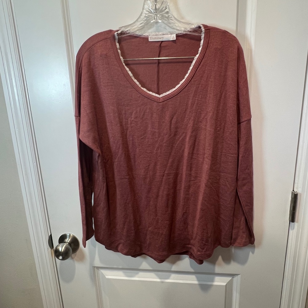 Eluminary Women Long Sleeve V-Neck Lace Trim Knit Top Rose EL001 Size S